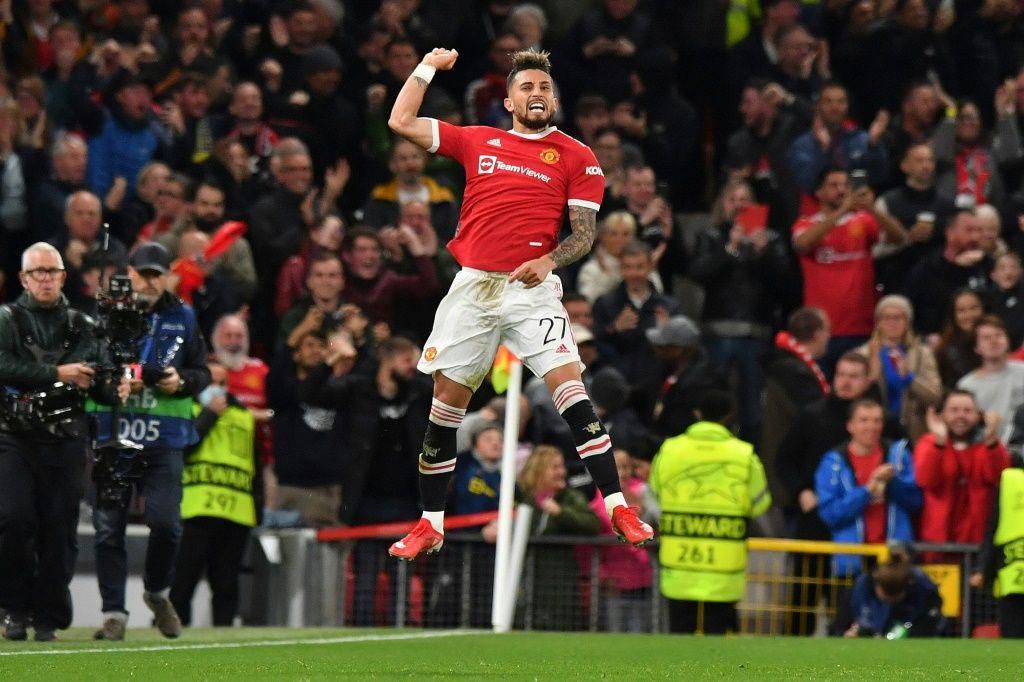 Alex Telles celebrates his first Manchester United goal