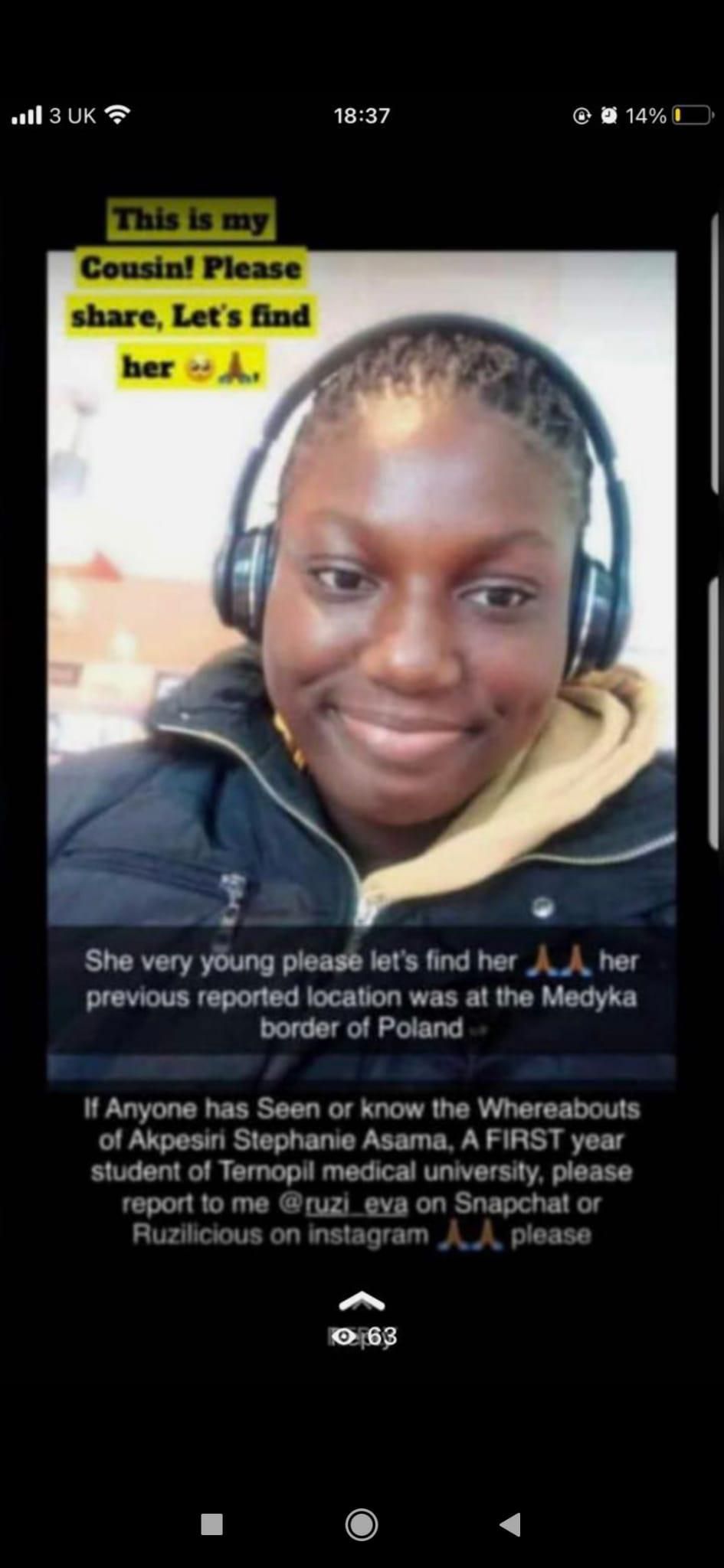 Asama has not been heard from since she was last seen at Medyka border Poland. (Pulse)