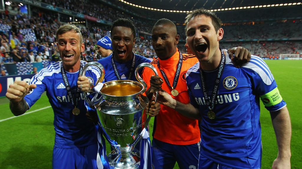 John Mikel Obi celebrating Chelsea's 2012 Champions League triumph