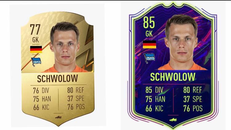 Alexander Schwolow FIFA 22 OPR (Left) and TOTW Upgrade (Right)