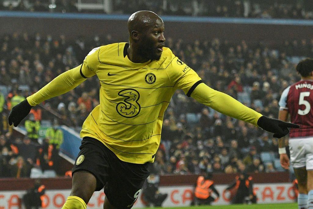 Chelsea forward Romelu Lukaku celebrates after scoring against Aston Villa