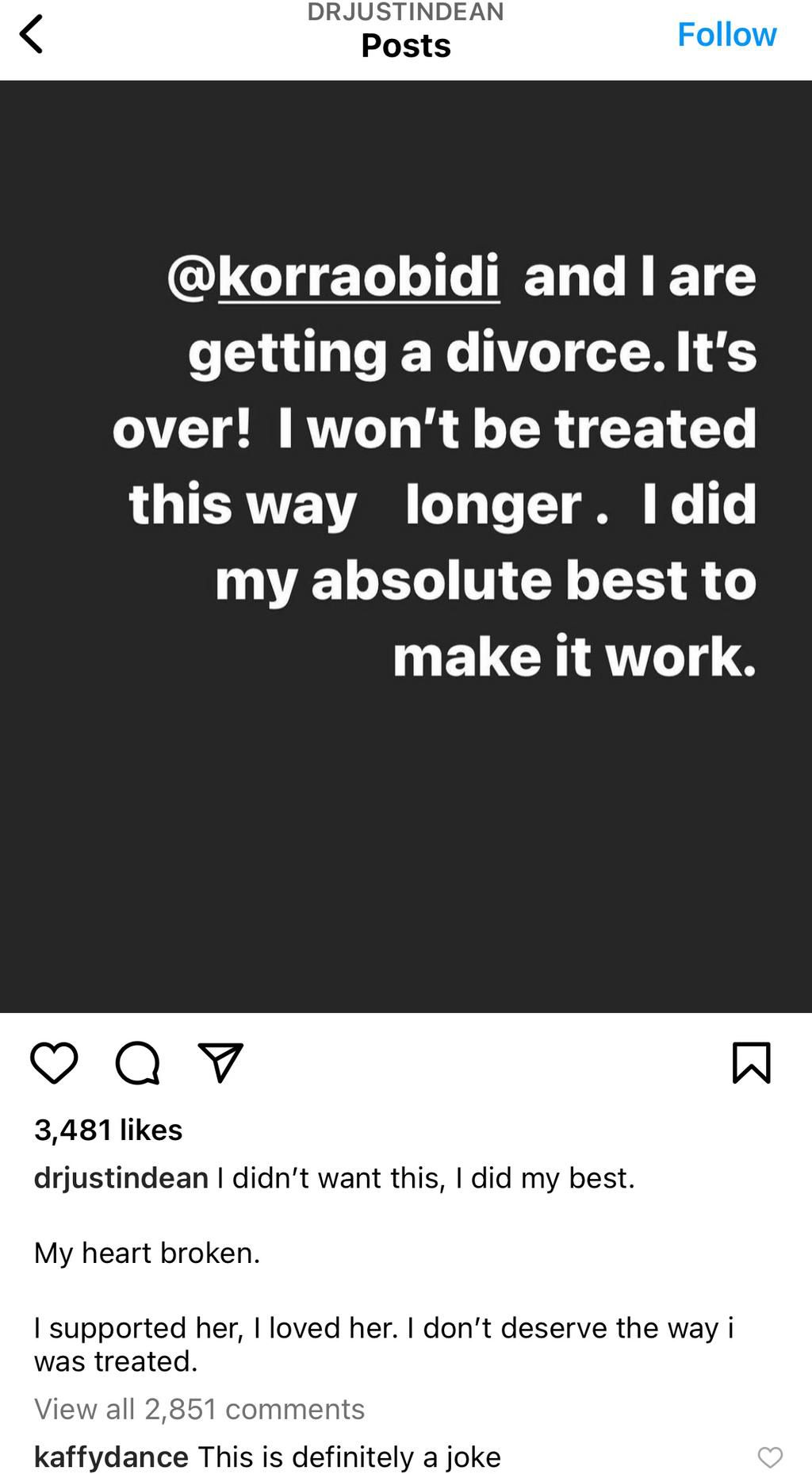 Dr Justin announces divorce from Korrai Obidi