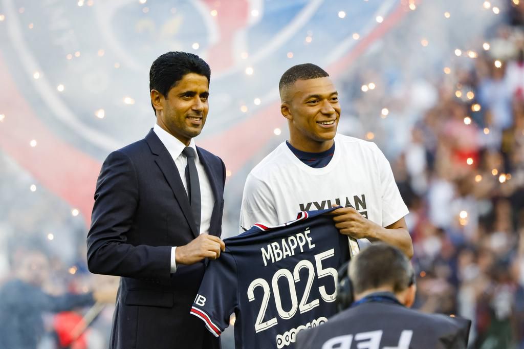 PSG president Nasser Al-Khelaifi with Kylian Mbappe at the announcement of his renewal before their 5-0 win over Metz in Ligue 1 on Saturday