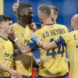 Victor Boniface celebrates first goal with teammates in Royal Union SG's 3-3 Europa League draw with Braga