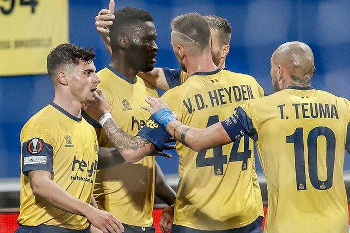 Victor Boniface celebrates first goal with teammates in Royal Union SG's 3-3 Europa League draw with Braga