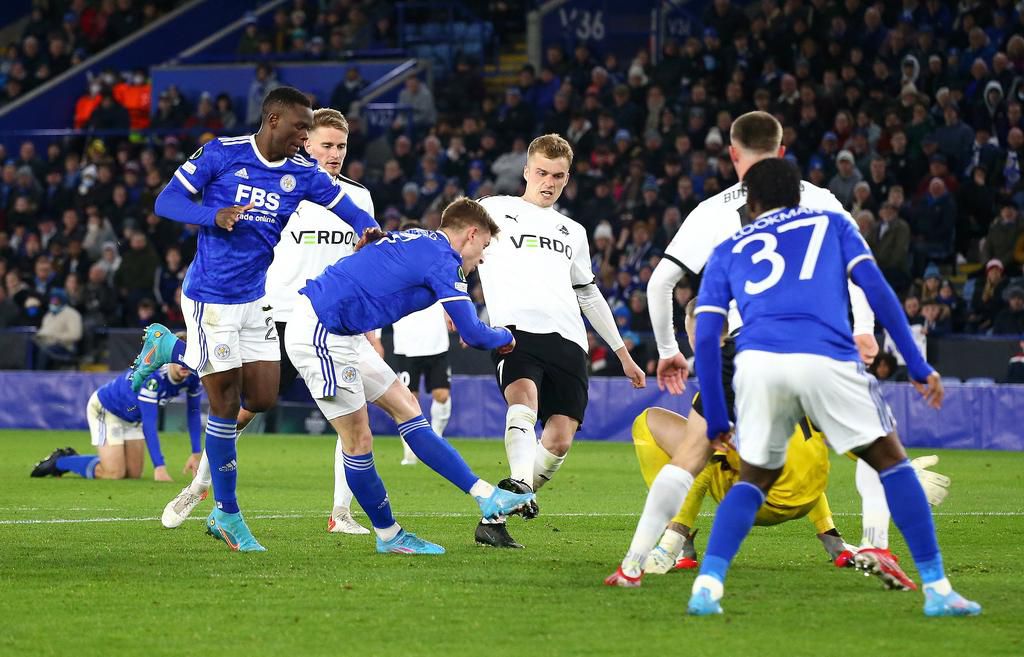 Ademola Lookman watches on as Barnes scores Leicester's second of the evening.