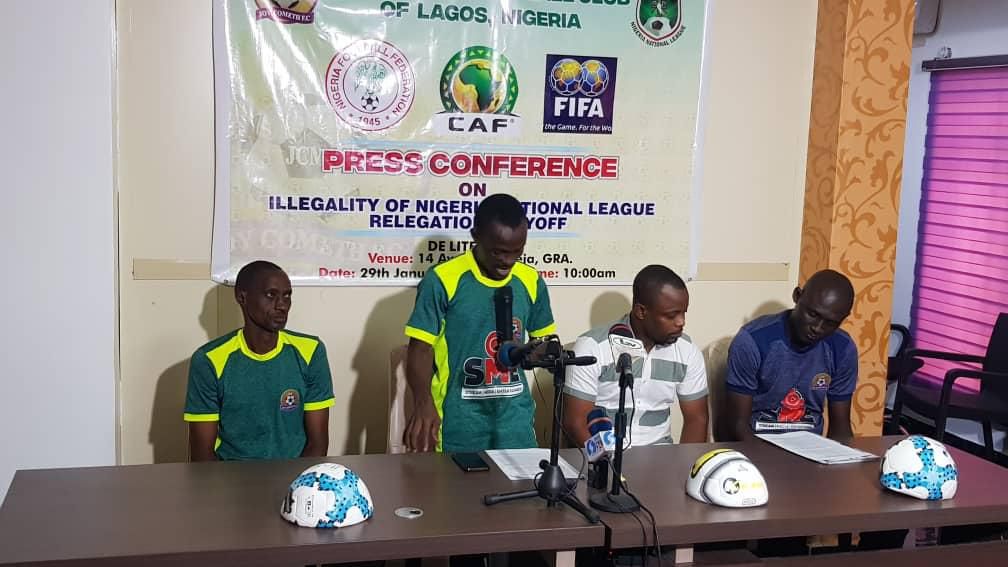 General secretary of Joy Cometh FC, Olusanya Ogunlari briefing the press on the illegality of the NNL relegation playoffs