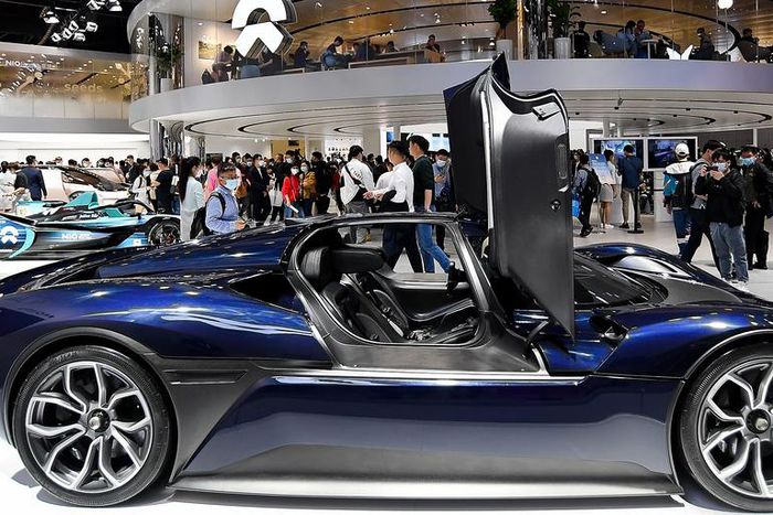 A Nio EVE EP9 All-Electric Supercar is on displayed during the 19th Shanghai International Automobile Industry Exhibition at National Exhibition and Convention Center on April 21, 2021 in China.