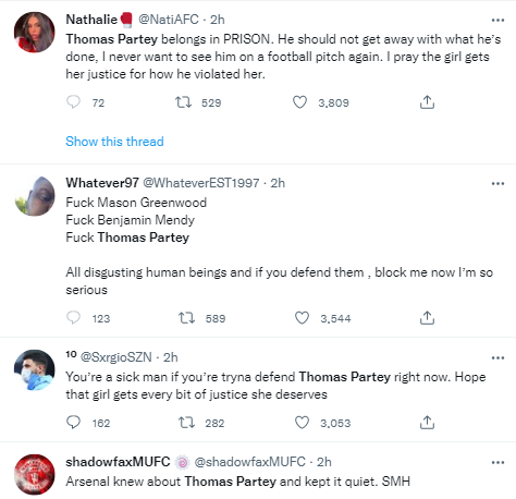 Reactions as Thomas Partey accused of rape on Twitter, belongs in prison