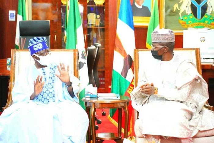 Senator Bola Ahmed Tinubu, Zamfara Governor, Bello Matawalle and former Borno state Governor, Kashim Shettima. [Twitter/@Shehusintalii]