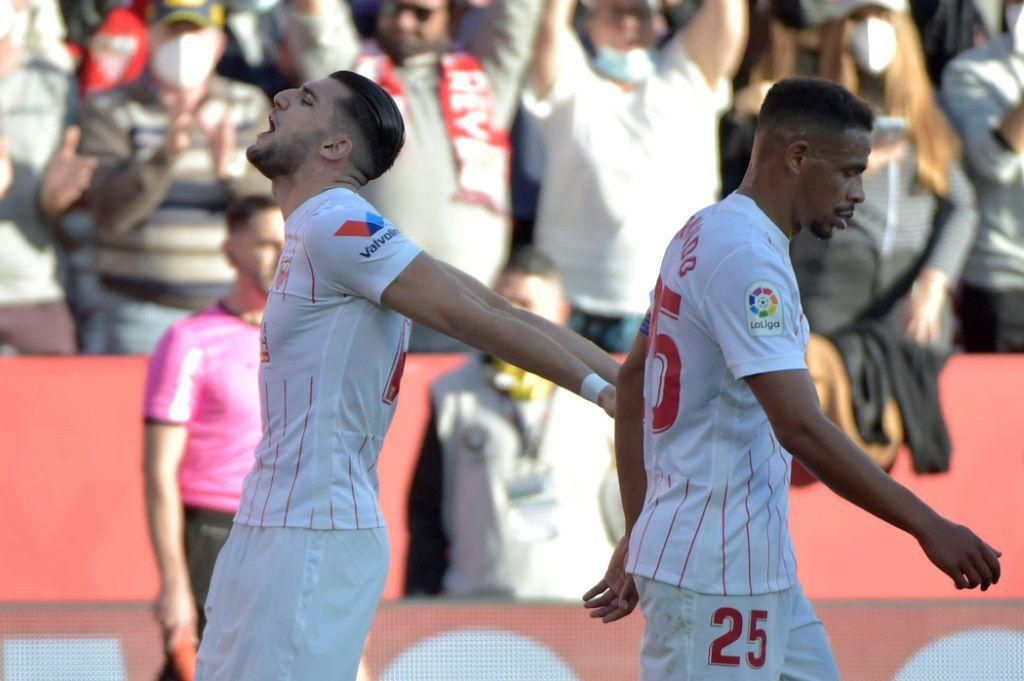 Rafa Mir celebrates scoring for Sevilla against Getafe in La Liga on Sunday.
