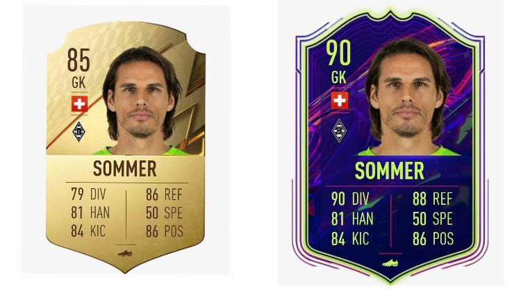 Yan Sommer FIFA 22 OPR (Left) and TOTW Upgrade (Right)