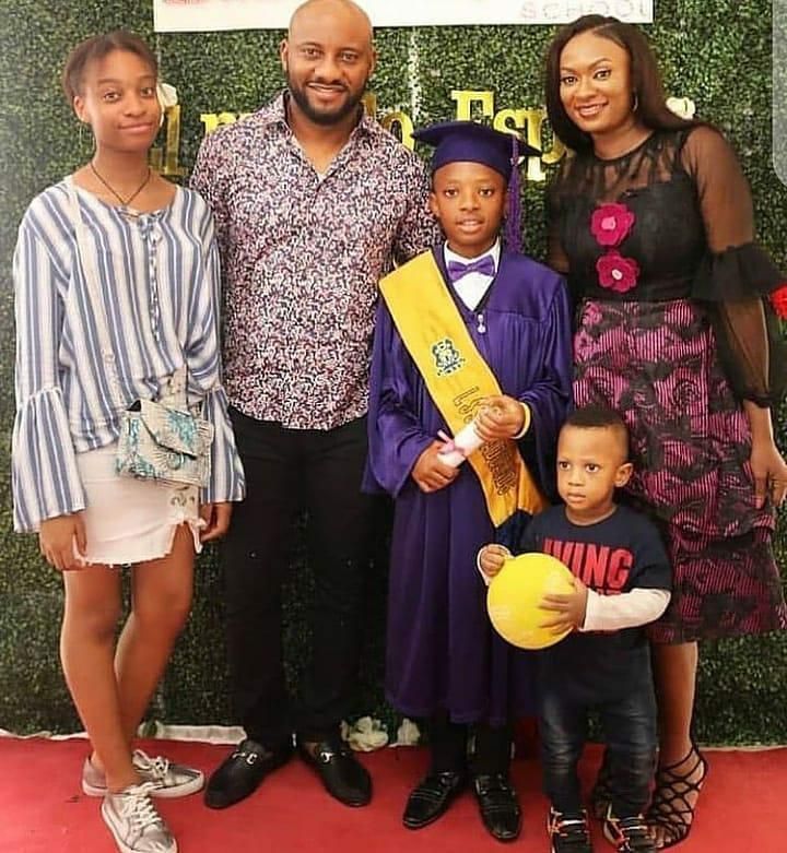 Yul Edochie flanked by his wife May and their three children [Instagram/YulEdochie]