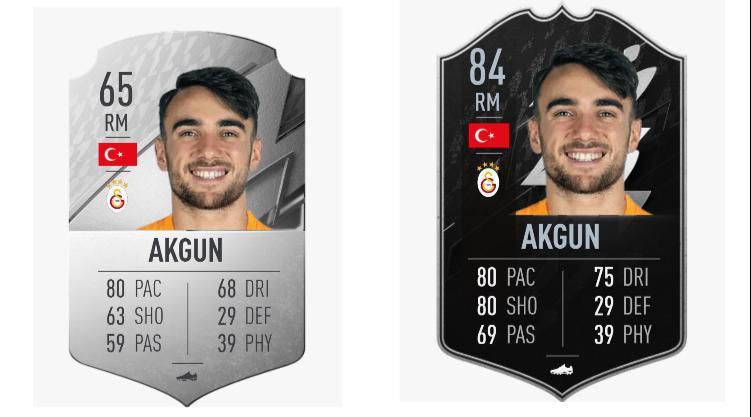 Yunus Akgun FIFA 22 OPR (Left) and TOTW Upgrade (Right)