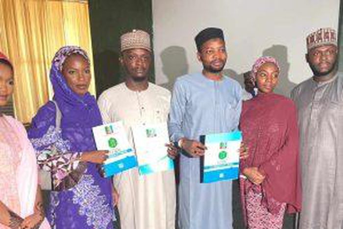Children of Alhaji Sani Sha'aban, Kaduna state Governorship aspirant on Thursday in Abuja displaying forms purchased for their father to contest election.