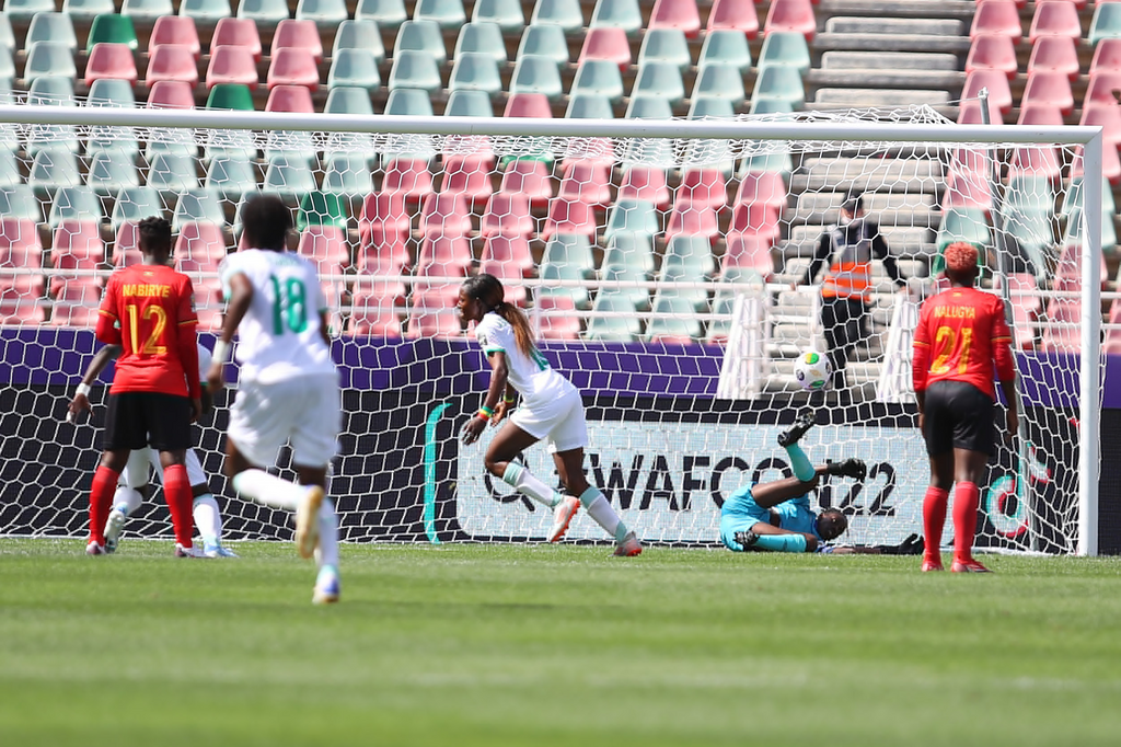 Senegal celebrate their first-ever goal at a WAFCON