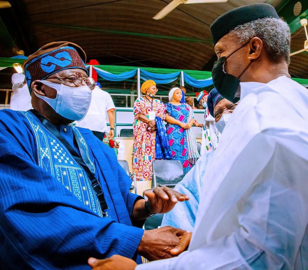 Vice President Yemi Osinbajo and Asiwaju Bola Tinubu at the APC Convention. [Twitter;]