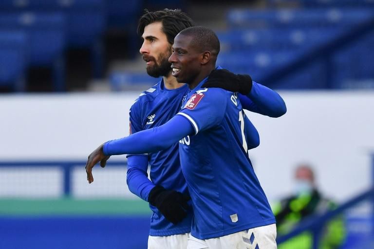 Everton midfielder Abdoulaye Doucoure (R) celebrates scoring against Rotherham