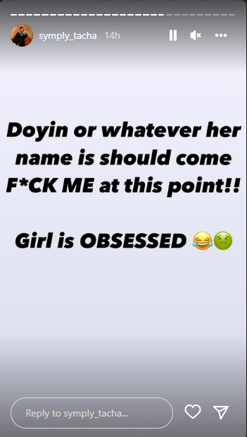 Tacha expresses worry over BBNaija's Doyin's alleged obsession