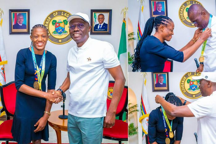 Lagos State Governor Sanwo-Olu welcomes Commonwealth gold medalist Odunayo Adekuroye