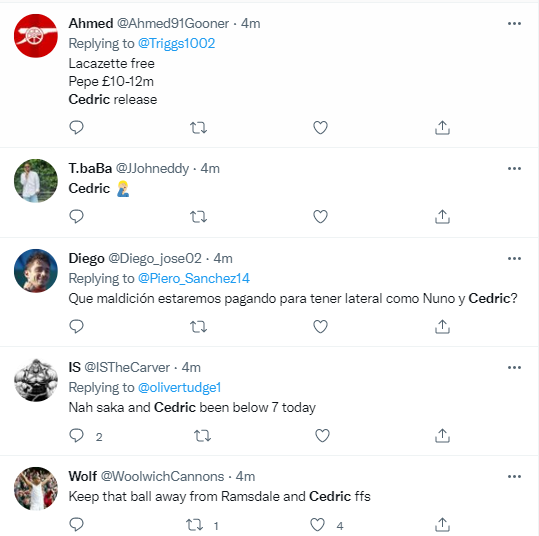 Arsenal fans blame Cedric as Nketiah scores 2 goals in 2-1 win against Leeds United