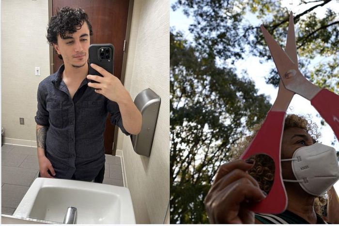 Left: Thomas Figueroa; right: A man holding a giant pair of scissors in Brazil.