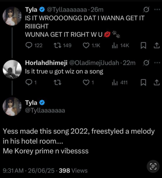 Hoto na Tyla ya tabbatar da haɗin gwiwarta tare da Wizkid a cikin hulɗa tare da fan akan X