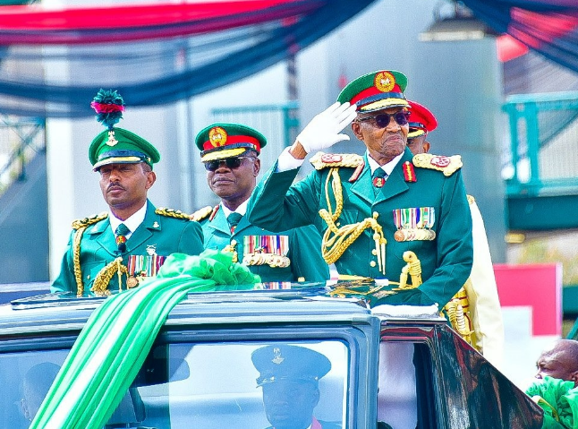 Former President Muhammadu Buhari at a Nigerian Army Parade In Military in Abuja. (Daily TRUST)