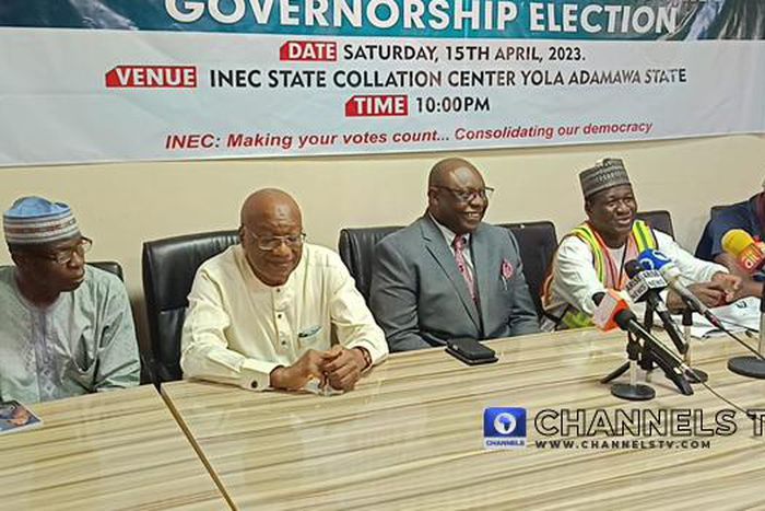 INEC officials at Adamawa collation centre on Tuesday, April 18, 2023. (Channels tv)