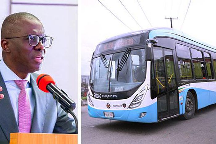 A photo combination of Lagos State Governor Babajide Sanwo-Olu and a BRT bus..