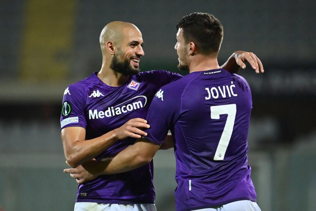 Fiorentina vs Istanbul Basaksehir - UEFA Europa Conference League 2022/2023 - Group Stage Artemio Franchi Stadium. In the pic: Luka Jovic (ACF Fiorentina) celebrates with Sofyan Amrabat (ACF Fiorentina) after scoring goal 2-1