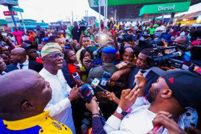 Gov. Babajide Sanwo-Olu of Lagos State speaking to journalists after assessing the site of the private helicopter crash at Oba Akran Avenue, Ikeja on Tuesday, Aug. 1, 2023.