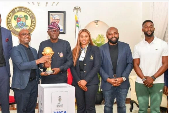 L-R: Director General, Lagos State Sports Commission (LSSC), Mr Gafaar Oluwatoyin; Director, Corporate Communications, VISA West Africa, Niyi Adebiyi; Vice President, Cluster Country Manager, Mr Andrew Uaboi; Gov. Babajide Sanwo-Olu of Lagos State; Mar...
