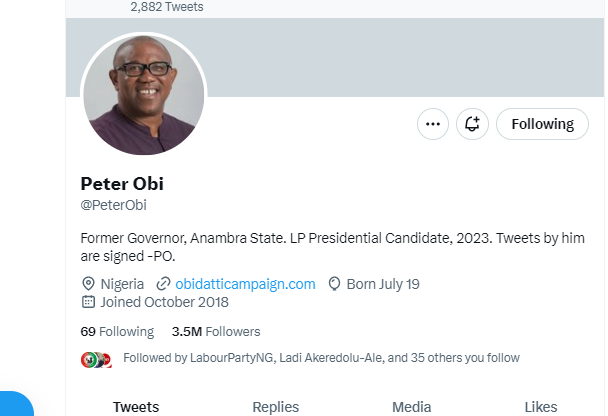 A screenshot of Obi's Twitter handle bearing no blue tick.