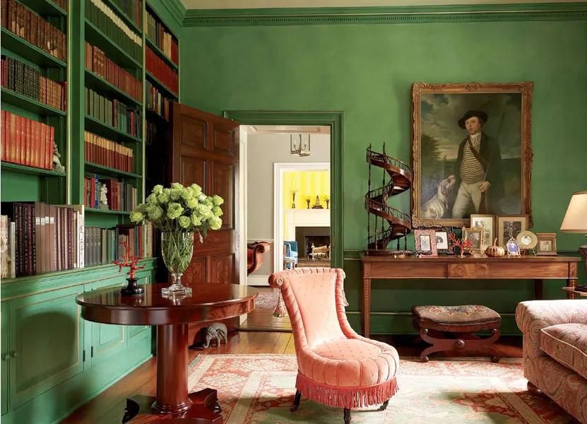 Earthy greens and warm browns interior [Architectural Digest]