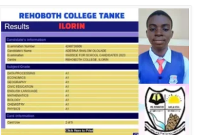 Ololade Adeshina’s result as displayed on WAEC portal