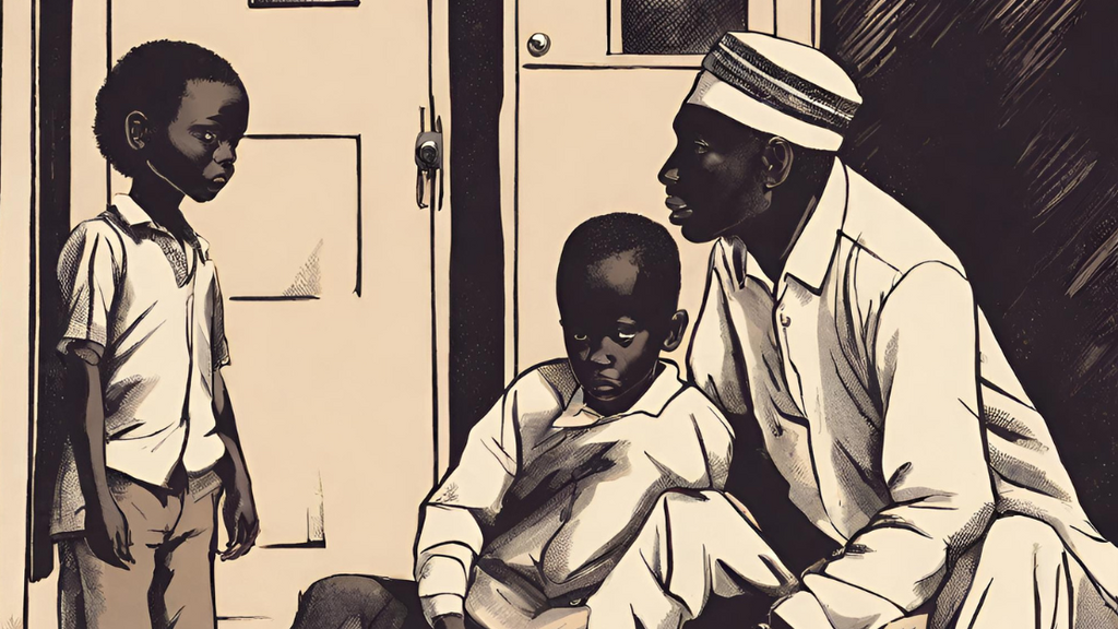 An illustration of a father and his children