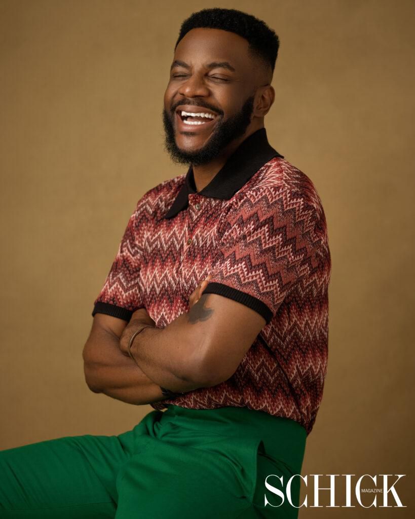 Ebuka is dapper in this polo and green pants, he is styled by Style Infidel {schick}