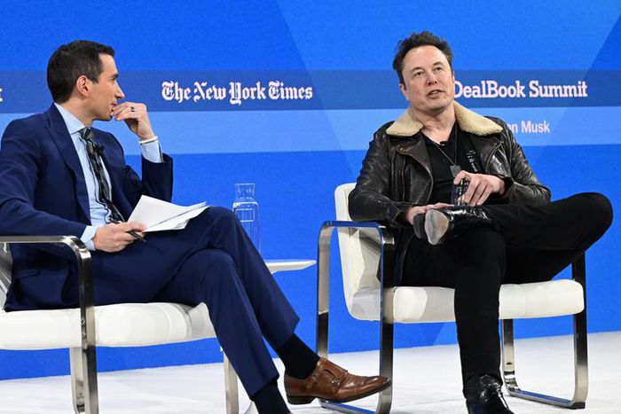 Left to right: Andrew Ross Sorkin and Elon Musk speak onstage during The New York Times DealBook Summit 2023.Slaven Vlasic/Getty Images for The New York Times