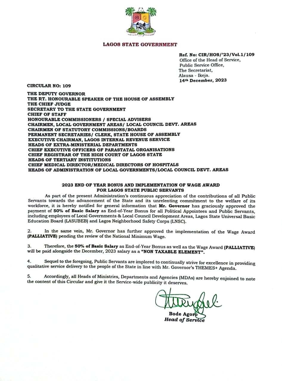 The LASG memo announcing bonus and palliative for all civil servants in Lagos State.