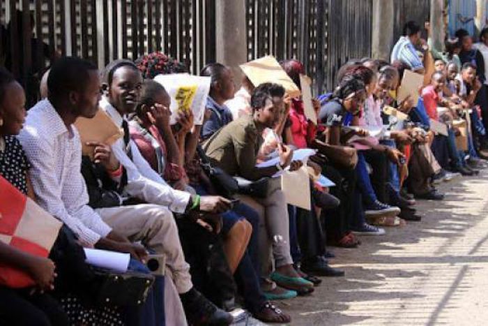 Jobseekers wait to hand in their documents during recruitment at County Hall in Nairobi, 2019