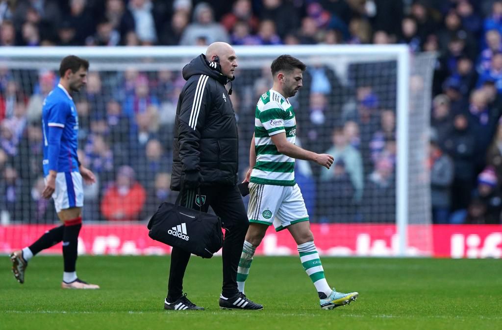 Rangers v Celtic - cinch Premiership - Ibrox Stadium Celtic s Greg Taylor leaves the game with an injury during the cinch Premiership match at Ibrox Stadium, Glasgow.