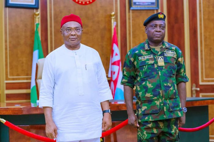 Governor Hope Uzodinma and the Chief of Naval Staff, Vice Admiral Emmanuel Ogalla. [The Whistlers]