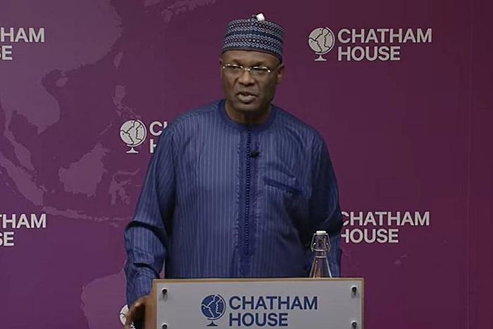Prof. Mahmood Yakubu, the National Chairman of the Independent National Electoral Commission (INEC) speaking at Chatham House in London. (Channels TV)