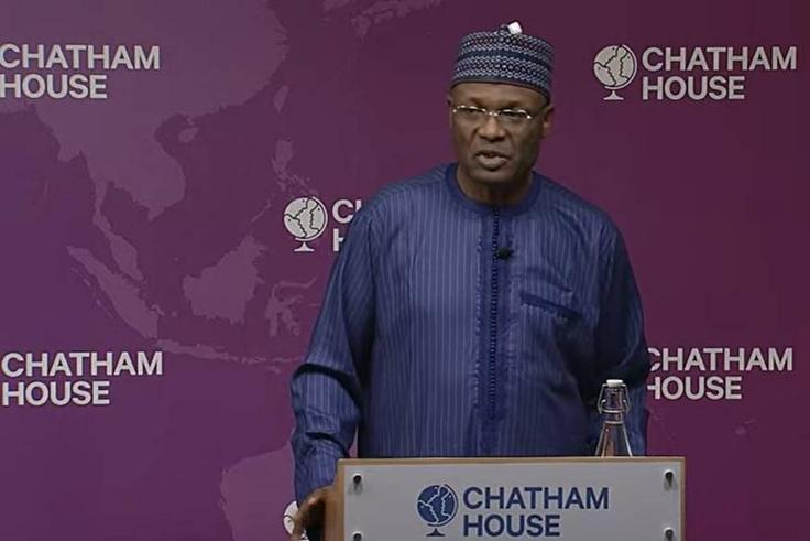 Prof. Mahmood Yakubu, the National Chairman of the Independent National Electoral Commission (INEC) speaking at Chatham House in London. (Channels TV)