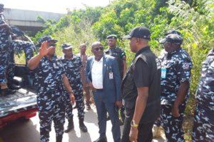 The Deputy Inspector-General of Police in charge of South-West, Johnson Kokumo, the Commissioner of Police in Oyo State, Adebowale Williams, during the tour of the Lagos-Ibadan Expressway on Friday.