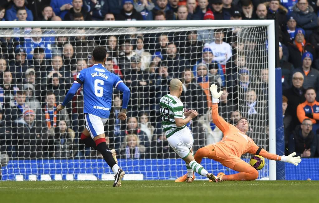 Glasgow, Scotland, 2nd January 2023. Daizen Maeda of Celtic scores the first goal during the cinch Premiership match at Ibrox Stadium, Glasgow.