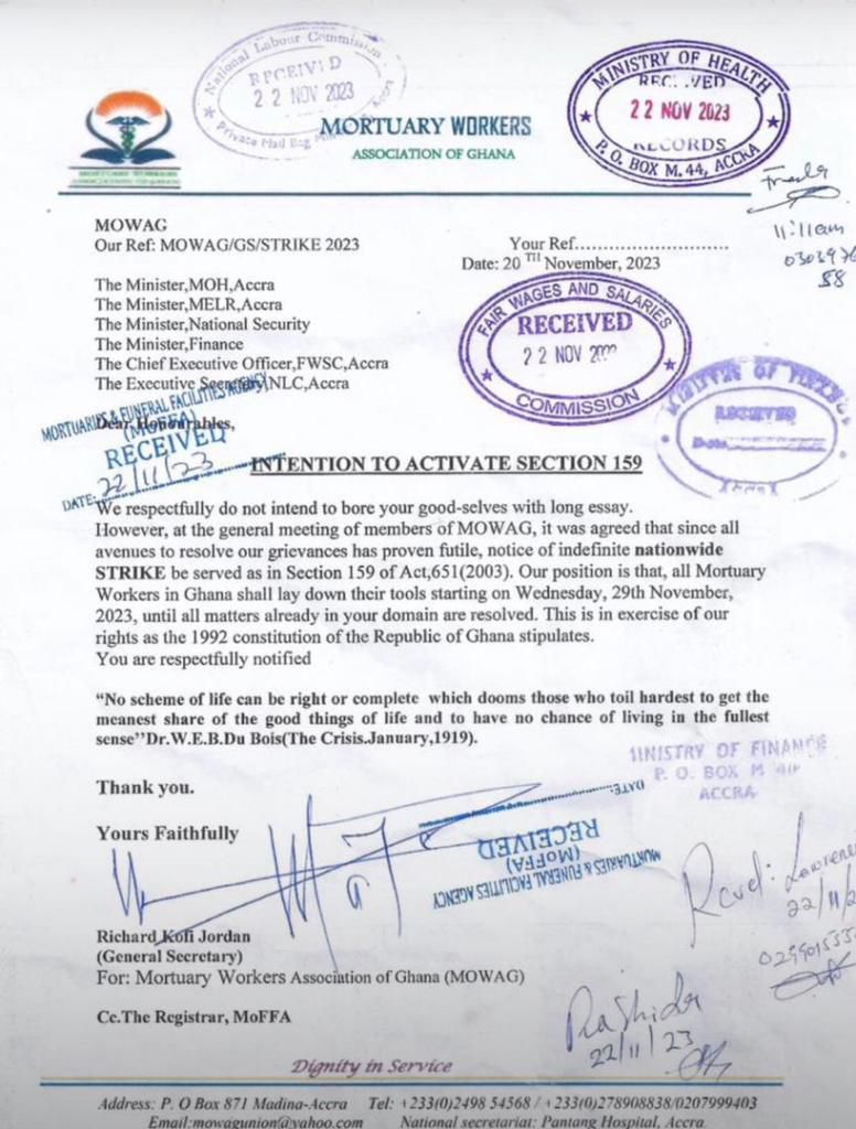 Mortuary Workers Association declares nationwide strike effective November 29