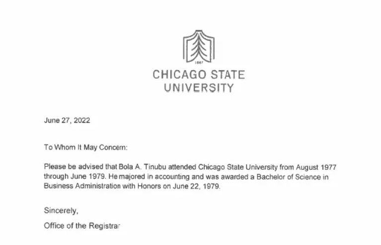The letter dated June 27, 2022, by the CSU confirms Tinubu's studentship at the university.
