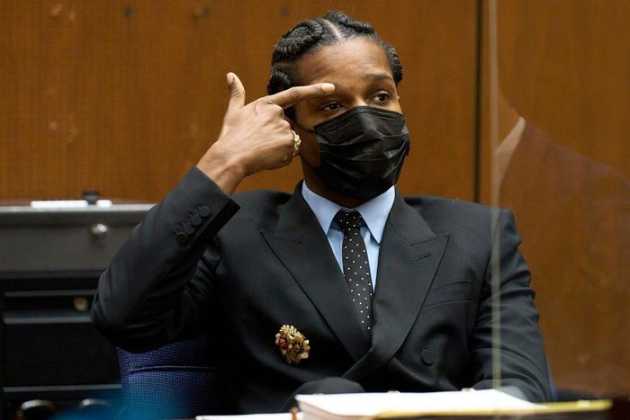 Rakim Mayers, aka A$AP Rocky, in the Clara Shortridge Foltz Criminal Justice Center during a preliminary hearing in his assault with a semiautomatic firearm case in Los Angeles.(Allison Dinner/EPA via AP, Pool)